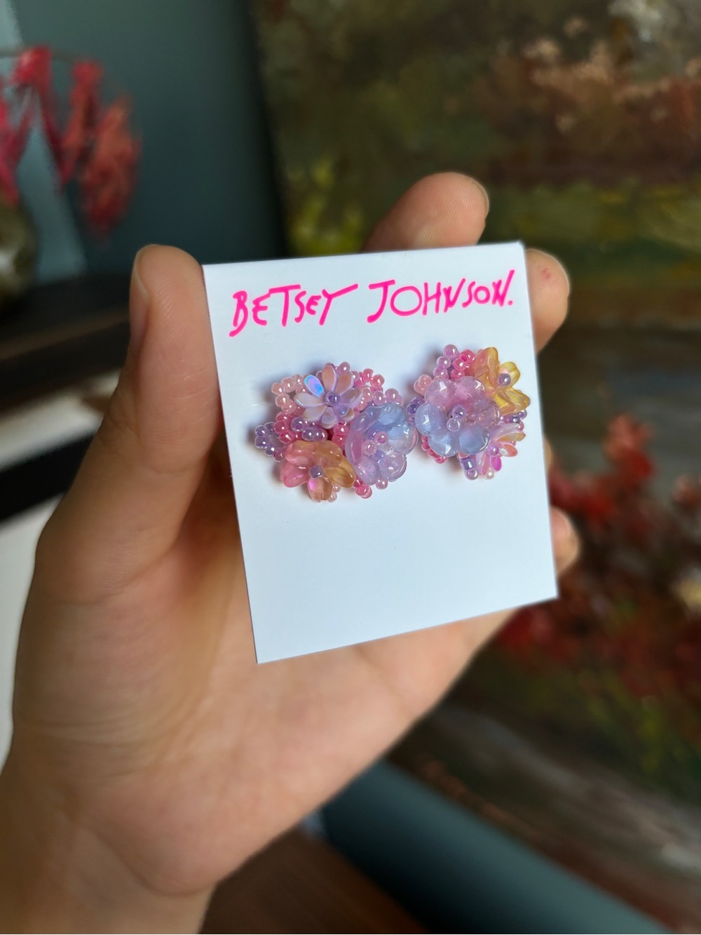 Betsey Johnson Pastel Floral Cluster Earrings - Pink & Blue - Picture 4 of 8